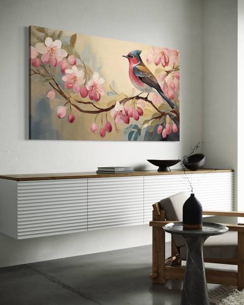 Wandbild vogel auf einem ast blumen 90 x 60 cm