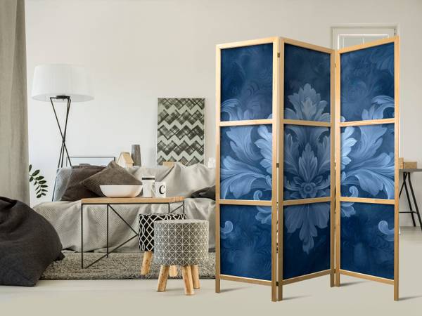 Paravent Ornament Blätter 3-tlg Blau - Weiß - Holzwerkstoff - Textil - 135 x 172 x 172 cm