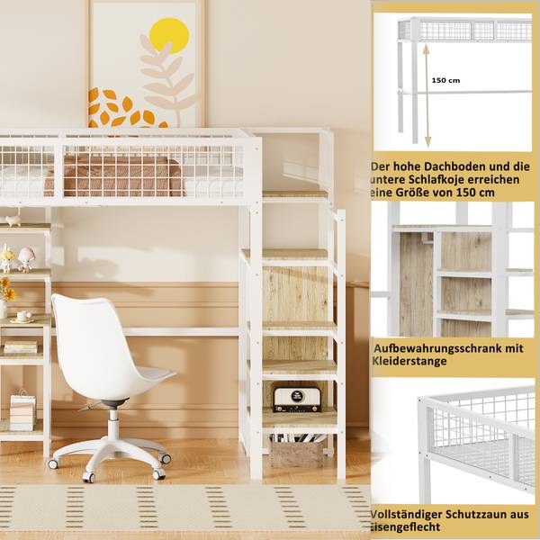 Hochbett Minerva V Weiß - Stahl - 95 x 180 x 249 cm