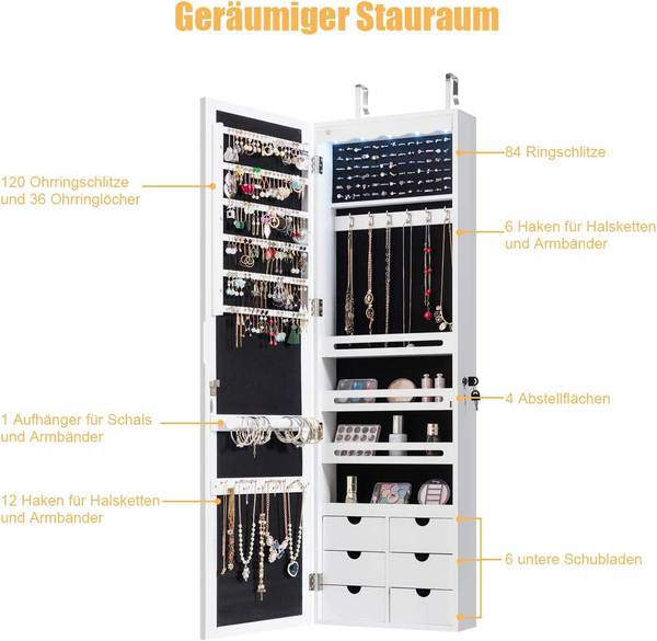 Schmuckschrank mit LED Beleuchtung Weiß - Holzwerkstoff - 12 x 120 x 37 cm