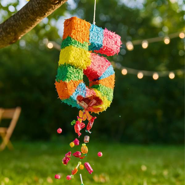 Pinata Zahl mit Stab und Maske Blau - Hellrosa - Orange