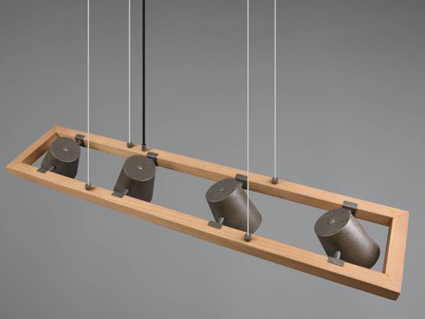 Balken Pendelleuchte Holz, 4-flammig Braun - Gold - Grau - Eisen - 100 x 150 x 21 cm