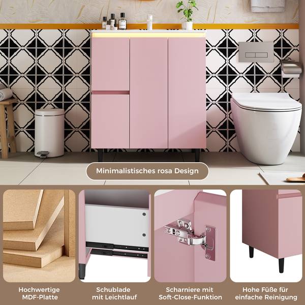 Badkamermeubel met Wastafel Muses Ⅰ roze - plaatmateriaal op houtbasis - porselein - 76 x 89 x 47 cm