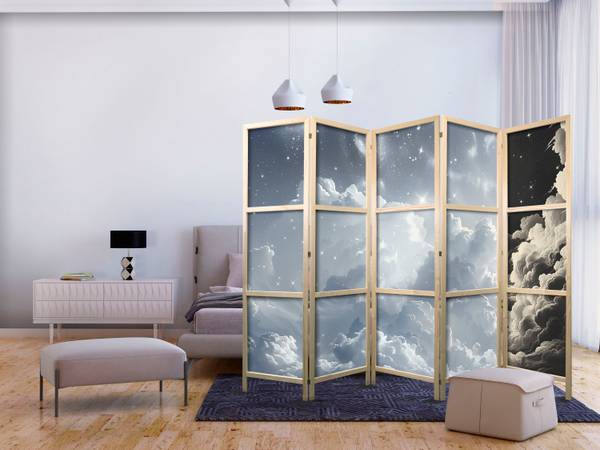 Paravent Wolken Sterne 5-tlg Blau - Grau - Weiß - Holzwerkstoff - Textil - 225 x 172 x 3 cm