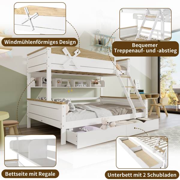 Etagenbett Aura Ⅰ Braun - Weiß - Holzwerkstoff - Metall - Massivholz - 145 x 155 x 205 cm