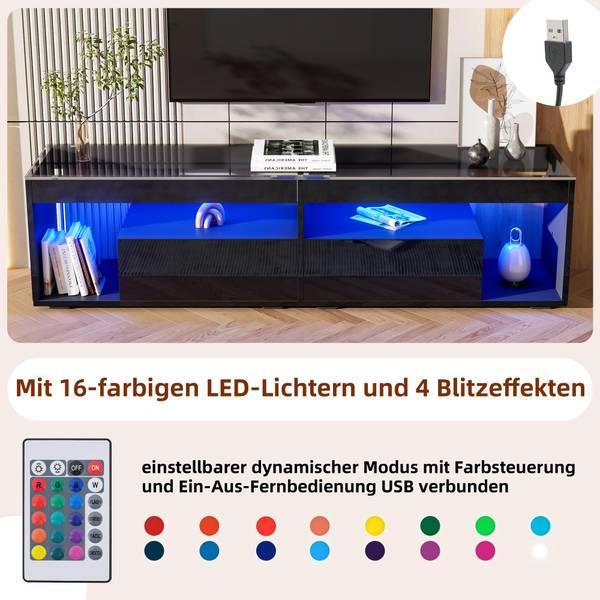 LED-Hochglanz TV-Schrank Ourea Ⅲ Schwarz - Sicherheitsglas - 40 x 46 x 180 cm