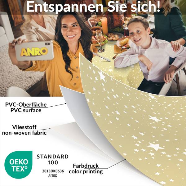 Wachstuchtischdecke Sterne Beige - Tiefe: 180 cm