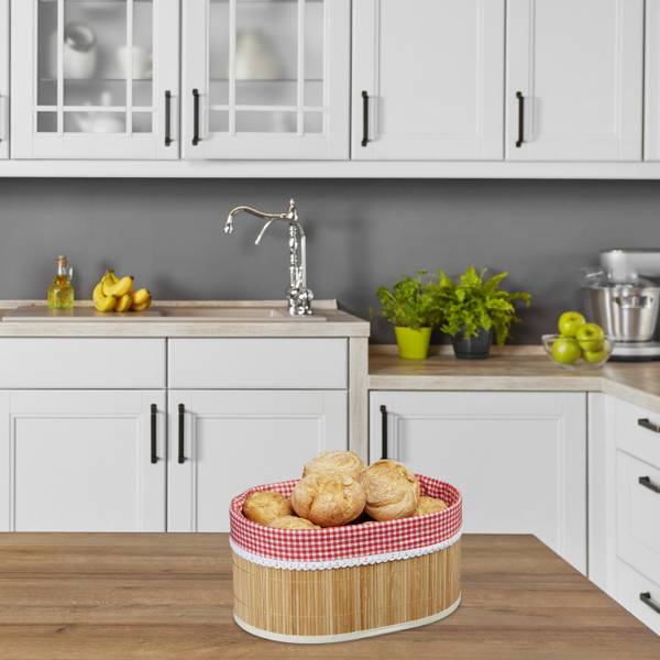 2 x Brotkörbchen Bambus Braun - Rot - Weiß - Polyester - 34 x 17 x 24 cm