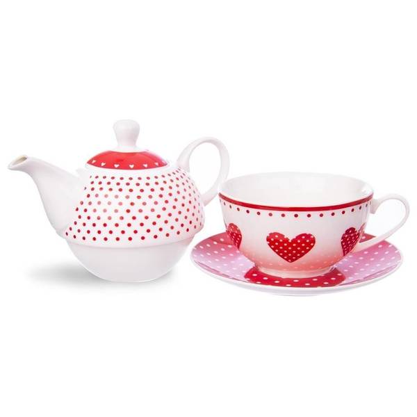 Teekanne mit Tasse 3-tlg. Set Rot - Weiß - Porzellan - 16 x 15 x 17 cm