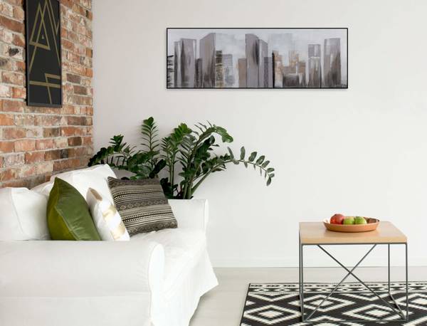 Tableau peint à la main Espace Skyline Gris - Coton - 120 x 40 x 4 cm