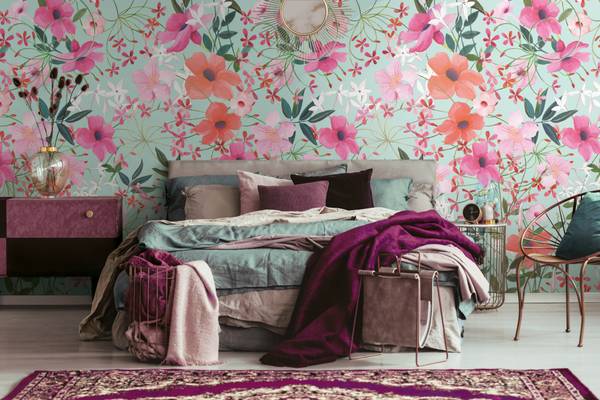 Fototapete Floral Blumentapete Grün - Orange - Pink - Türkis - Fleece - 159 x 280 x 1 cm