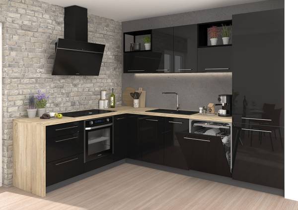 Küchenzeile ESSEN A4 (Vollauszug) Schwarz - Grau - Stahl - 290 x 207 x 210 cm