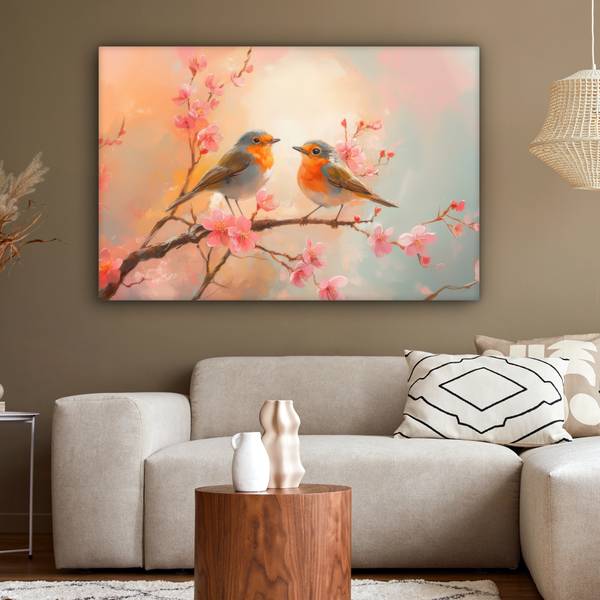 LEINWANDBILD Rotkehlchen Pink - Baumwollstoff - 120 x 80 x 2 cm