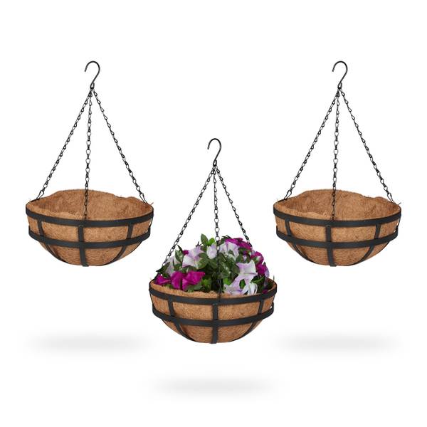Hangende plantenmand kokos set van 3 zwart - bruin - ijzer - 31 x 50 x 31 cm
