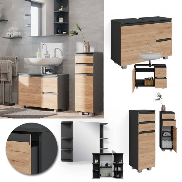 Badmöbel-Set J-Shape 38201 3er Set Anthrazit - Eiche Dekor