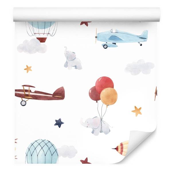 Tapete Flugzeuge Ballons Wolken Sterne Beige - Schwarz - Blau - Braun - Grau - Rot - Weiß - Papier - 53 x 1000 x 1000 cm