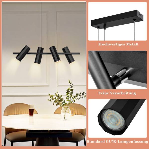 Hanglamp Hannah II met 4 lichtbronnen zwart - metaal - 6 x 170 x 66 cm