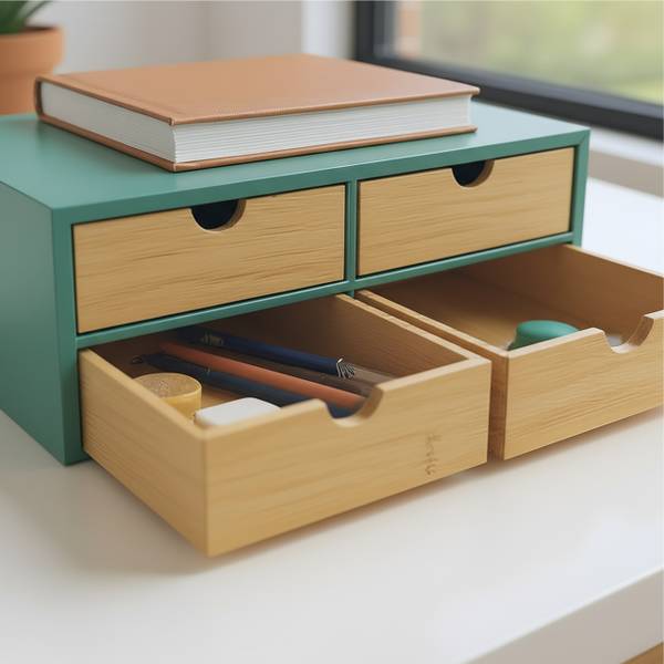 Schreibtisch Organizer 4 Schubladen Braun - Türkis - Bambus - Holzwerkstoff - 33 x 14 x 21 cm