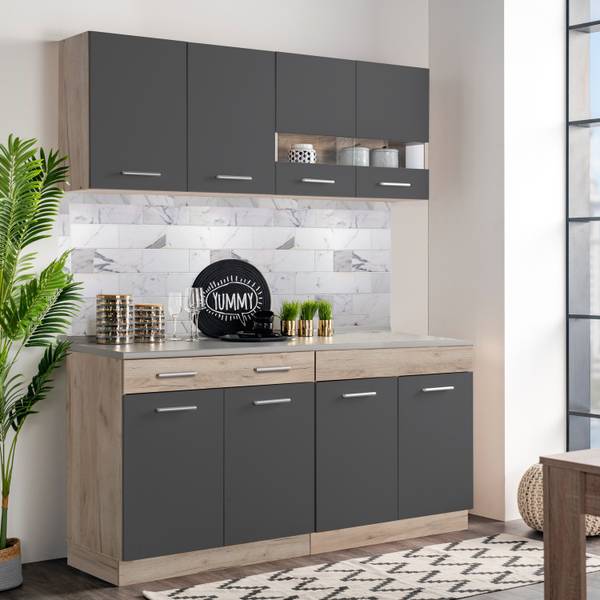 Coin cuisine sans plan de travail 2324 Anthracite - Marron - Gris - Imitation chêne - Bois