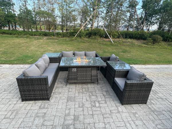 8-Sitzer PE Rattan Tisch Gartenmöbel Grau - Webstoff - Polyresin - 65 x 66 x 176 cm