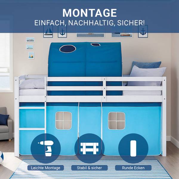 Lit mezzanine avec rideau et tunnel 2997 Avec sommier à lattes & matelas - Avec rideau - Avec échelle - Avec tunnel