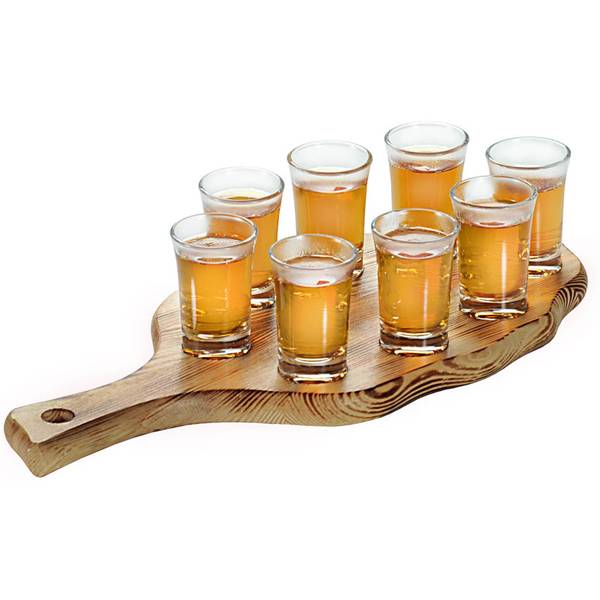 Tablett + 8 Gläser für Wodka, Tinkturen Braun - Massivholz - 17 x 2 x 40 cm