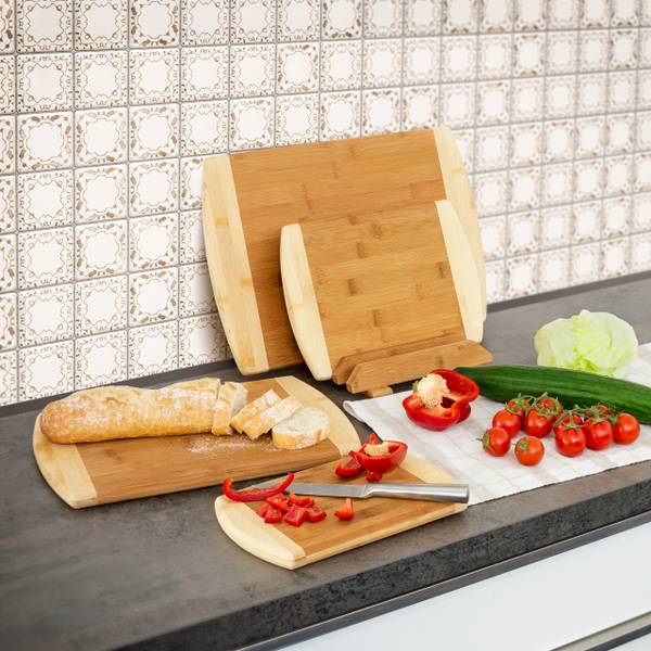 Schneidebrett Bambus 4er Set mit Ständer Braun - Holzverbundwerkstoff - 44 x 2 x 30 cm