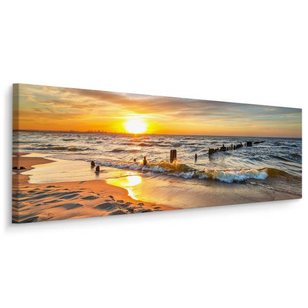 Tableau Coucher De Soleil Paysage 3D Beige - Orange - Jaune - Lin - 145 x 45 x 45 cm