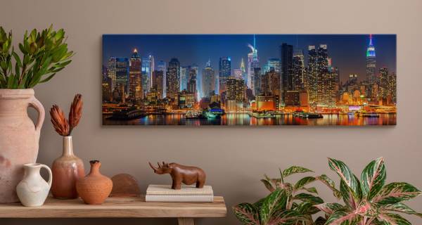 Image Architecture Panorama Ville 3D Noir - Bleu - Orange - Lin - 145 x 45 x 45 cm