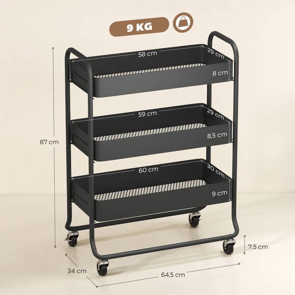 Küchenwagen 801-427V00BK Schwarz - Metall - 34 x 87 x 65 cm