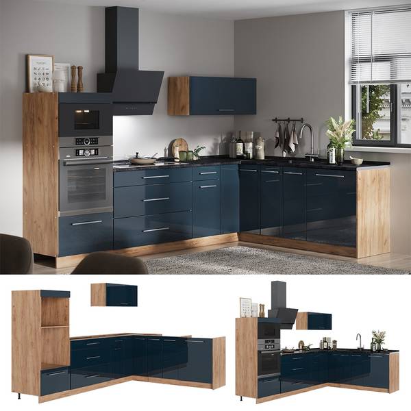Hoekkeuken Fame-Line 65711 blauw - bruin - staal - 287 x 154 x 60 cm