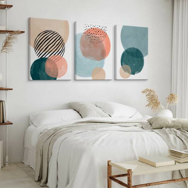 Leinwandbilder KREISE Boho 3-er Set Schwarz - Blau - Grün - Silber - Türkis - Weiß - Leinen - 90 x 40 x 40 cm