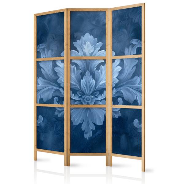Paravent Ornament Blätter 3-tlg Blau - Weiß - Holzwerkstoff - Textil - 135 x 172 x 172 cm