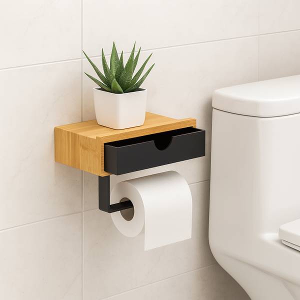 Bambus Toilettenpapierhalter mit Ablage Schwarz - Braun - Eisen - 19 x 13 x 11 cm