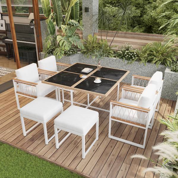 Garten-Essgruppe Anemoi 7-tlg Schwarz - Weiß - Polyester - Webstoff - Akazie - Eisen - 158 x 74 x 230 cm