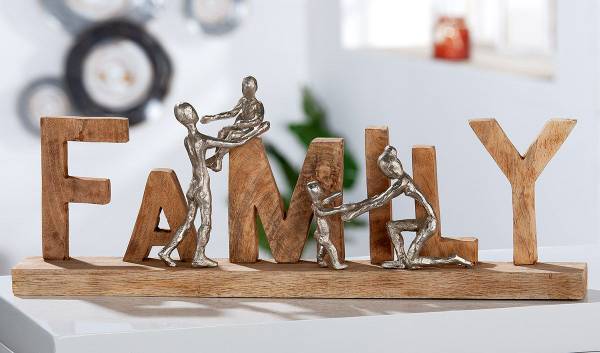 Holz Schriftzug Family Handgefertigt ALU Braun - Silber - Aluminium - 55 x 21 x 8 cm