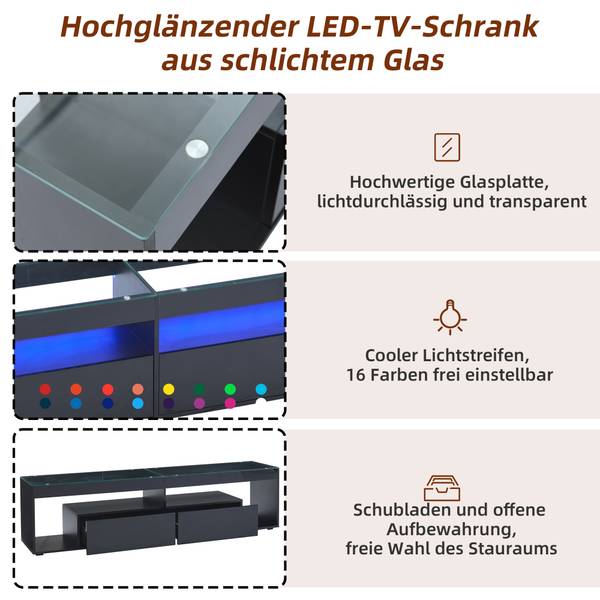LED-Hochglanz TV-Schrank Ourea Ⅲ Schwarz - Sicherheitsglas - 40 x 46 x 180 cm
