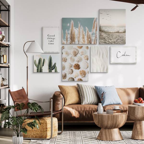 Leinwandbilder Set Strand Pflanzen Zitat Beige - Blau - Grün - Leinen - 110 x 80 x 80 cm