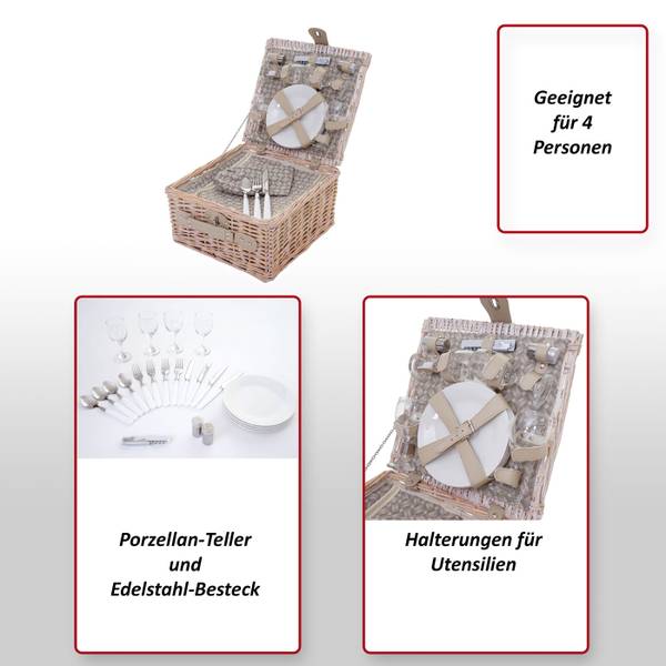 Picknickkorb-Set 4 Personen Kühlfach Beige - Braun - Weide - Edelstahl - 30 x 20 x 30 cm