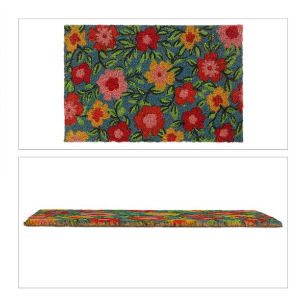 Deurmat bloemen blauw - groen - rood - natuurvezel - kunststof - 50 x 2 x 40 cm