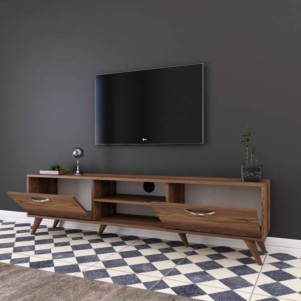 Meuble TV 2 portes rabattables 2 niches Imitation noyer