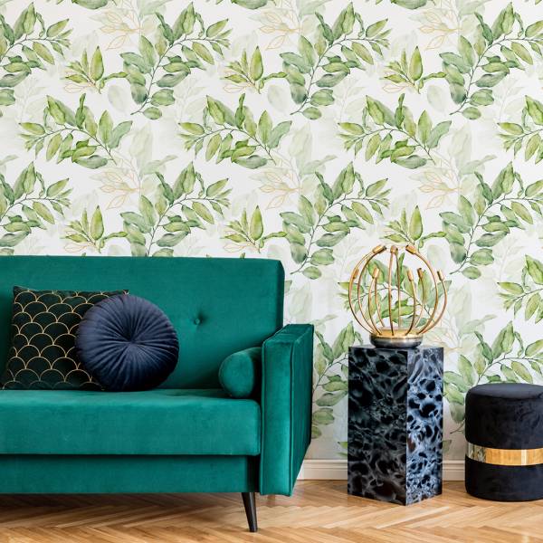 Papier Peint FEUILLES Aquarelle Nature Beige - Vert - Blanc - Polaire - 53 x 1000 x 1000 cm