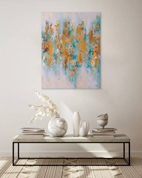 Acrylbild Handgemalt Nonfigurativ Gay Beige - Türkis - Baumwollstoff - 75 x 100 x 4 cm