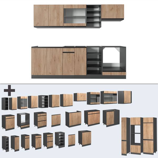 Küchenzeile R-Line 43221 Braun - Grau - Holzwerkstoff - 240 x 207 x 60 cm