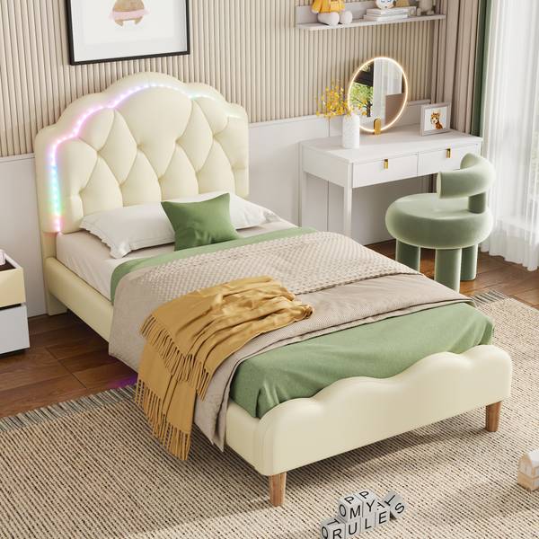 Polsterbett Lotte Beige - Holzwerkstoff - Massivholz - Kunstleder - 95 x 107 x 206 cm