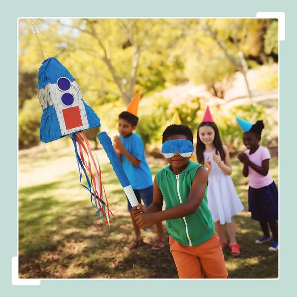 Pinata Set Rakete mit Stab und Maske Blau - Rot - Silber - Papier - Kunststoff - 30 x 40 x 9 cm