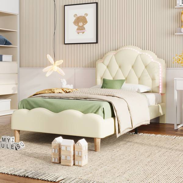 Polsterbett Lotte Beige - Holzwerkstoff - Massivholz - Kunstleder - 95 x 107 x 206 cm