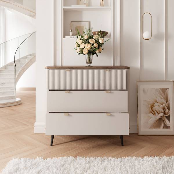 Kommode NAVANI 3S Creme - Cremeweiß - Walnuss