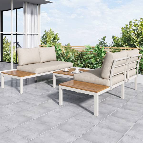 Gartenlounge-Set WoodyMetal Ⅳ+ Beige - Metall - Kunststoff - Massivholz - 60 x 66 x 145 cm