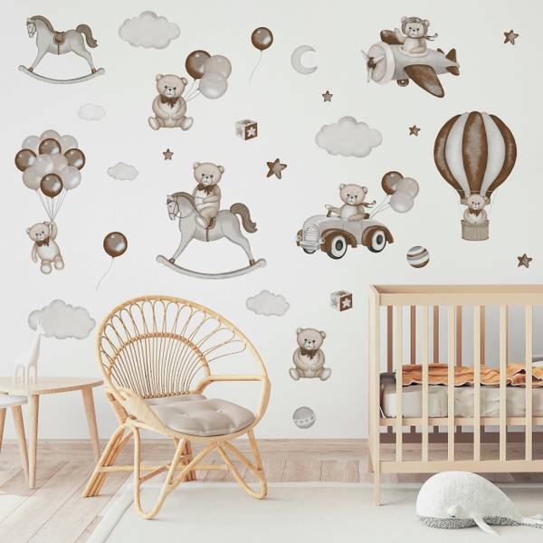 29‑er Set Aufkleber Bären Ballons Wolken Beige - Braun - Grau - PVC - 120 x 60 x 60 cm
